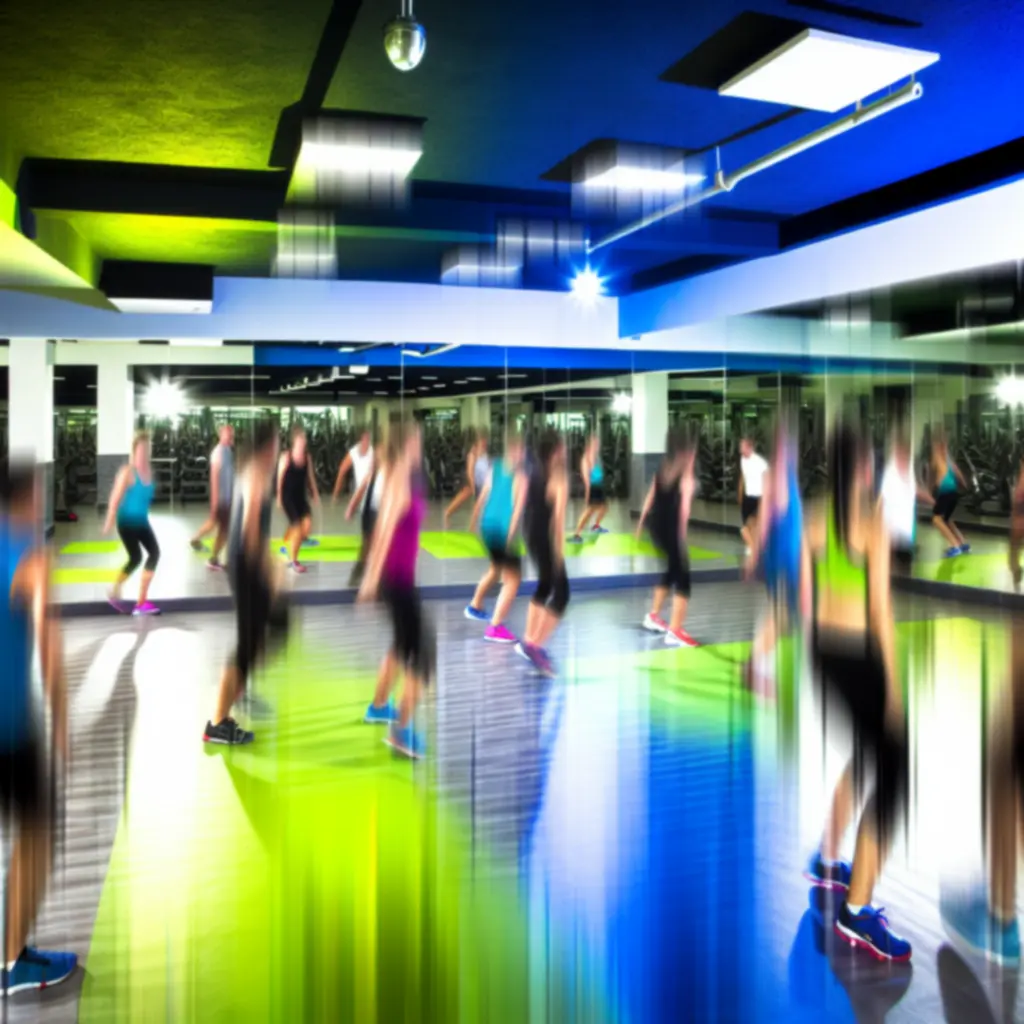 Világos, energikus csoportos órastúdió speciális világítással és hangrendszerrel.