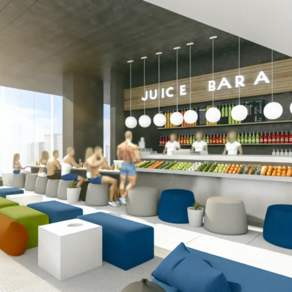 Modern juice bár és lounge terület, ahol vendégek edzés után pihennek és beszélgetnek.