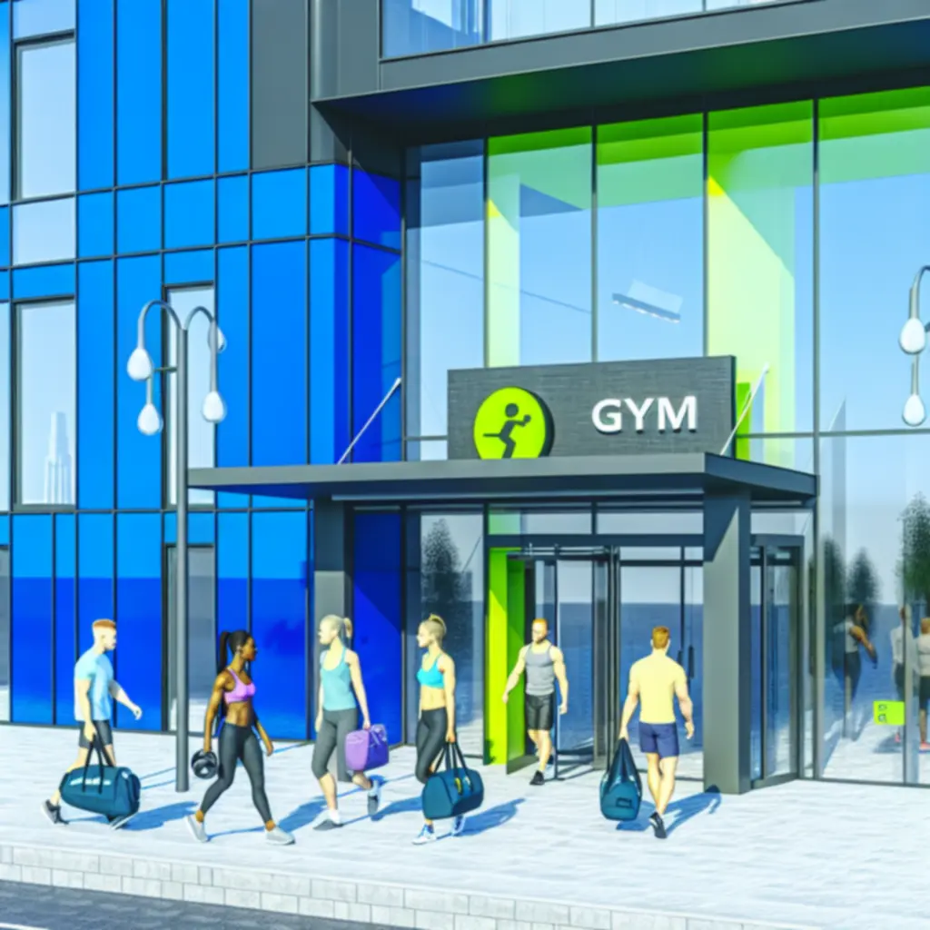 PowerFiit Gym modern budapesti épületének külső látványa esti megvilágításban