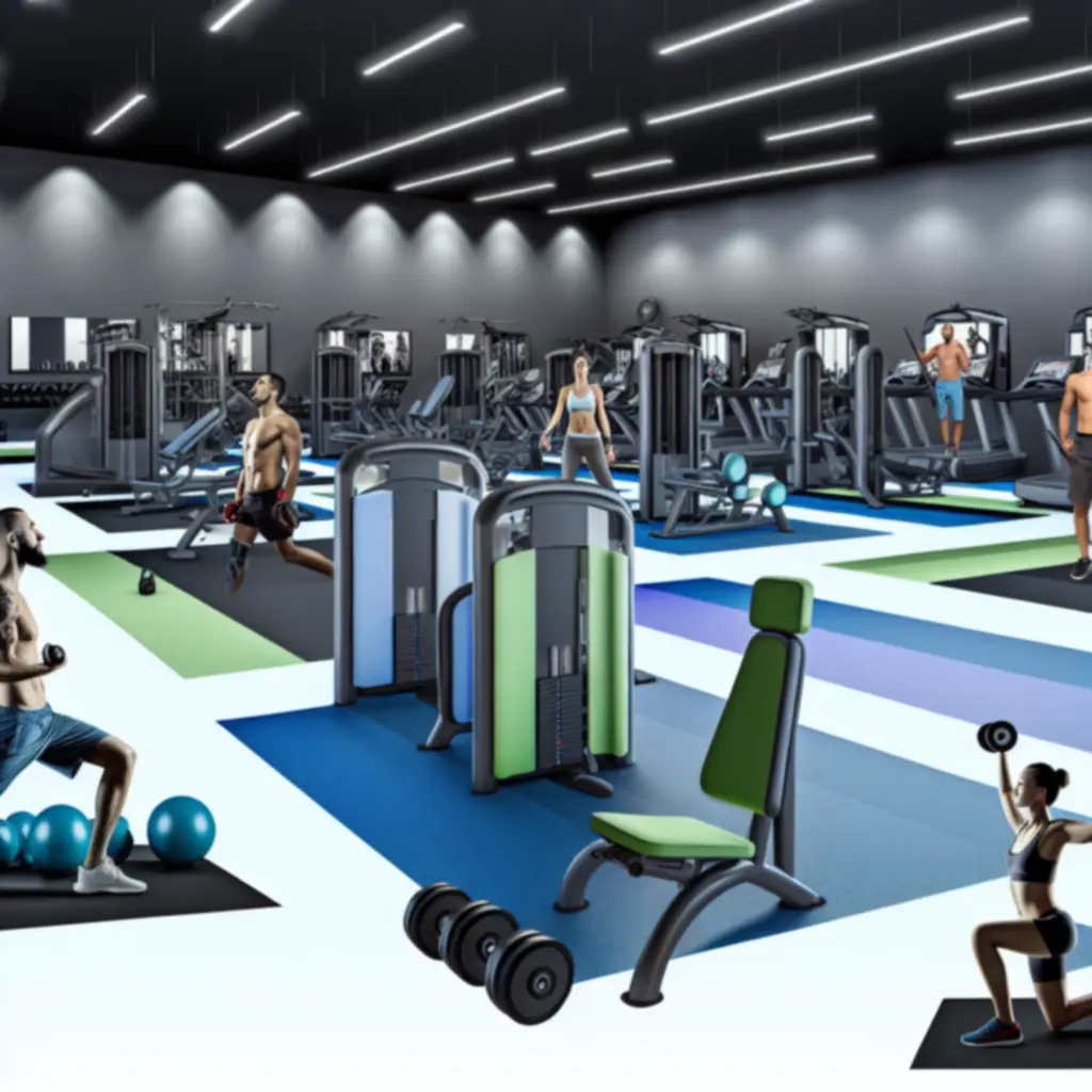 Modern, tágas PowerFiit Gym edzőtér korszerű gépparkkal és súlyzós résszel.