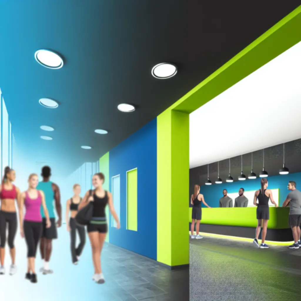 PowerFiit Gym modern bejárata mélykék és lime árnyalatokkal megvilágítva.