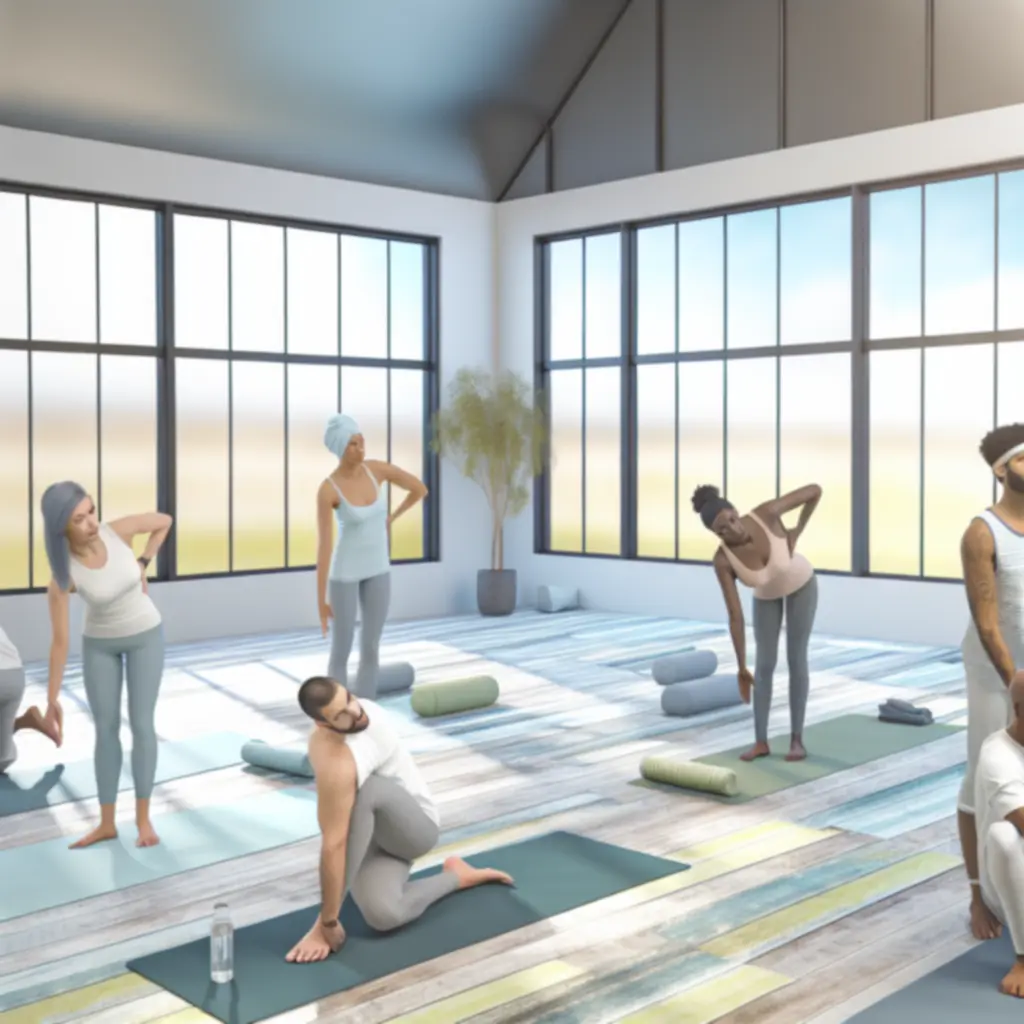 Jógaóra a PowerFiit Gym világos stúdiójában, nyújtó gyakorlatot végző vendégekkel